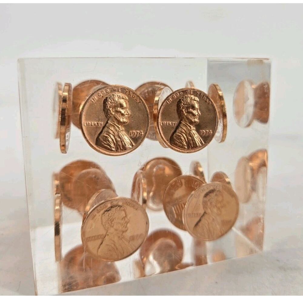 Vintage 1974 Floating Pennies in Lucite Cube Penny Paperweight MCM Decor